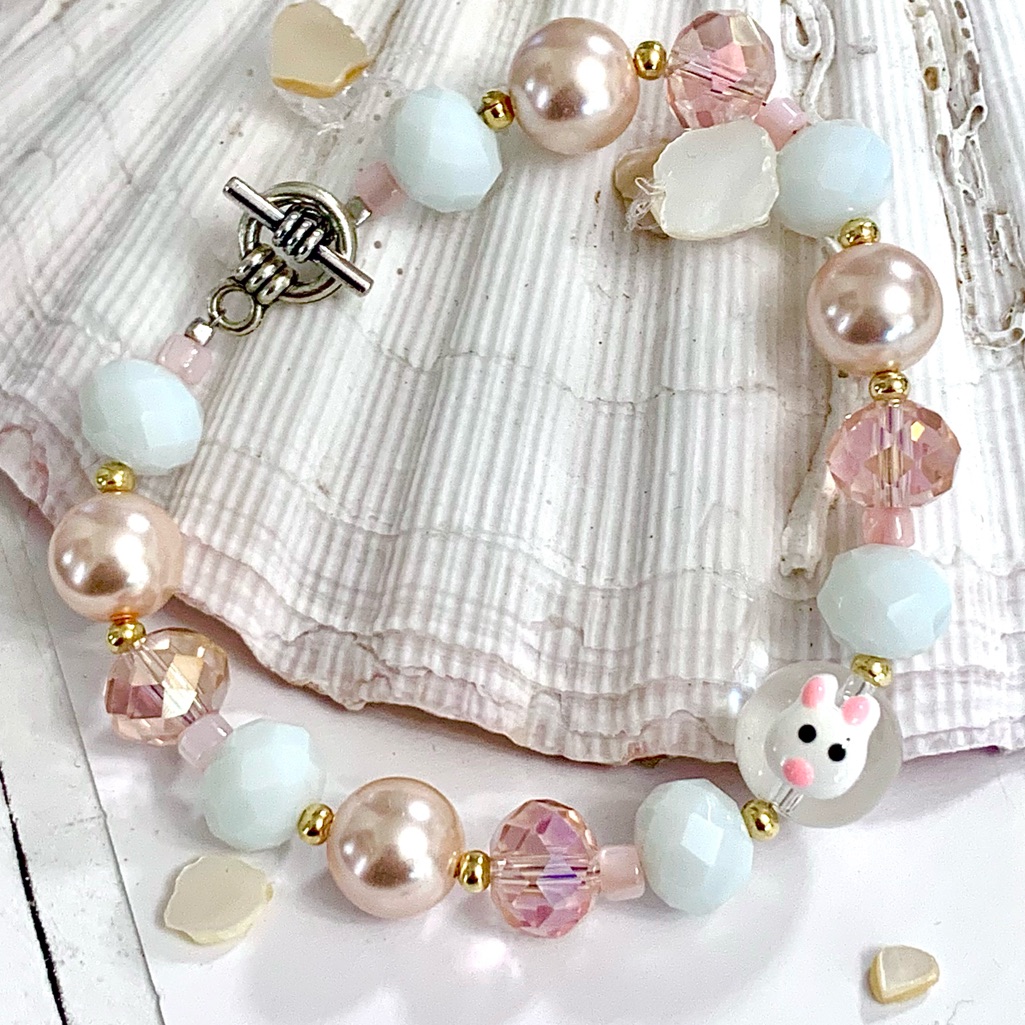 Spring Bunny Rabbit Stone & Crystal Beaded Bracelet